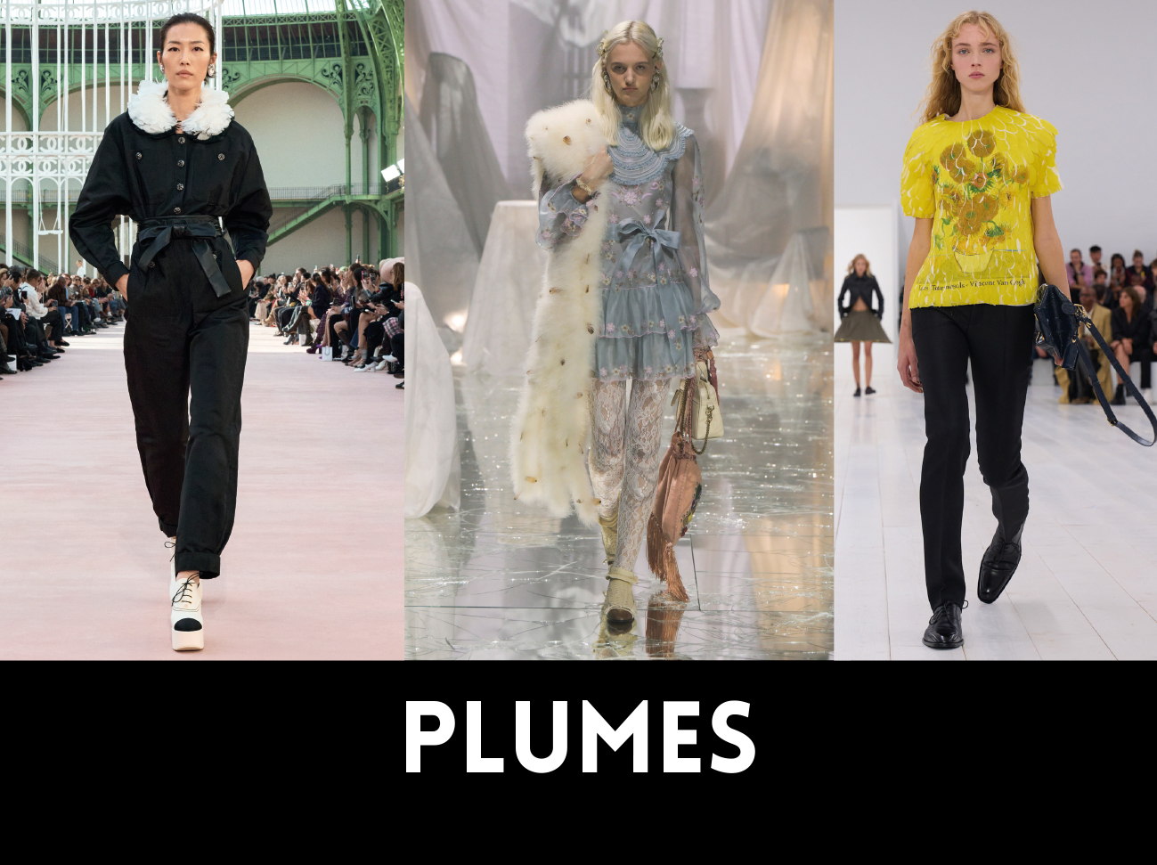 PLUMES. De gauche à droite, CHANEL, VALENTINO, LOEWE. 1NSTANT SHOW.