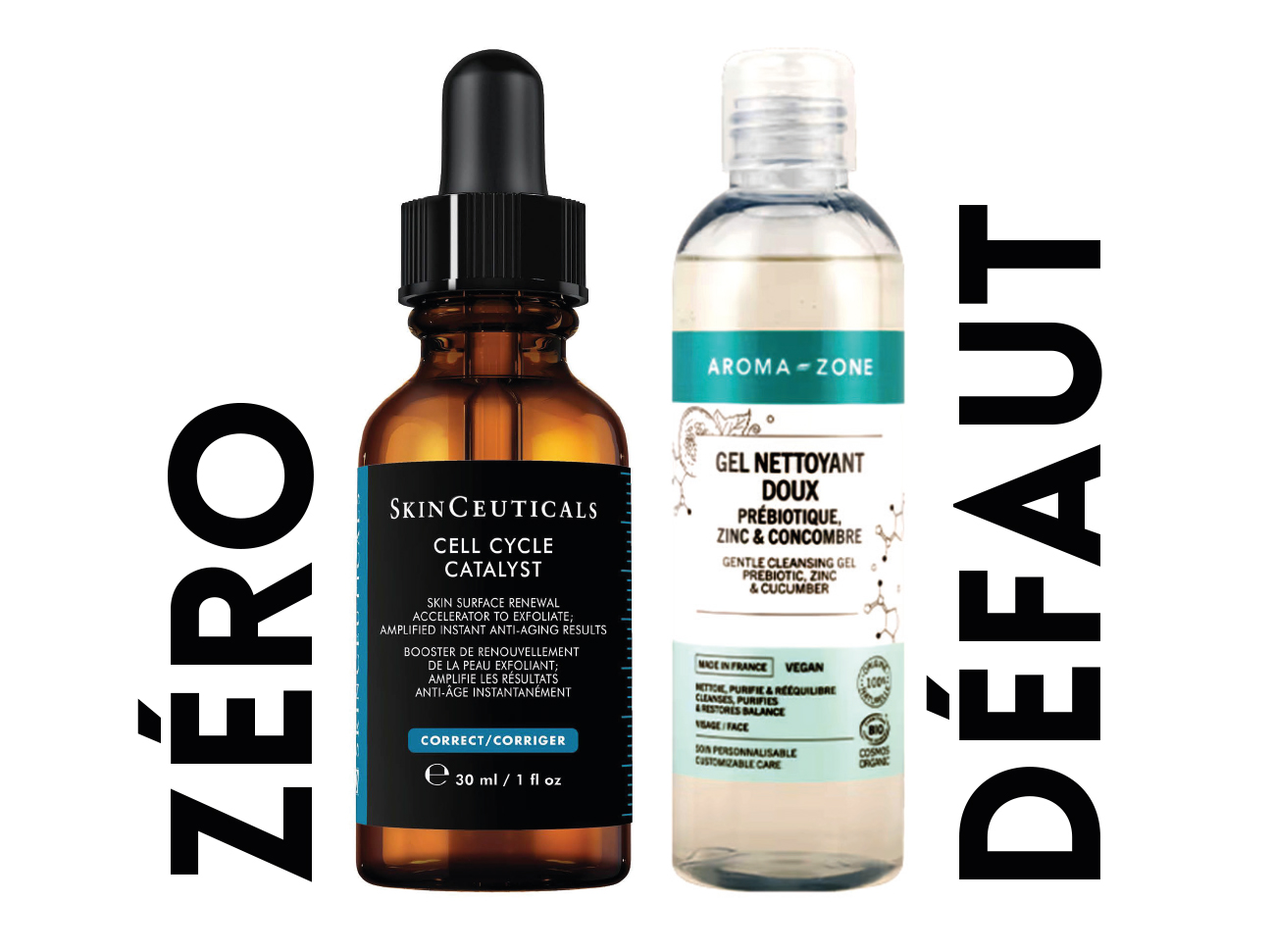 Skinceuticals, Cell Cycle Catalyst. Aromazone, Gel nettoyant doux Prébiotique, Zinc & Concombre et Lotion Tonique Niacinamide 5%, Zinc & Acide Hyaluronique.