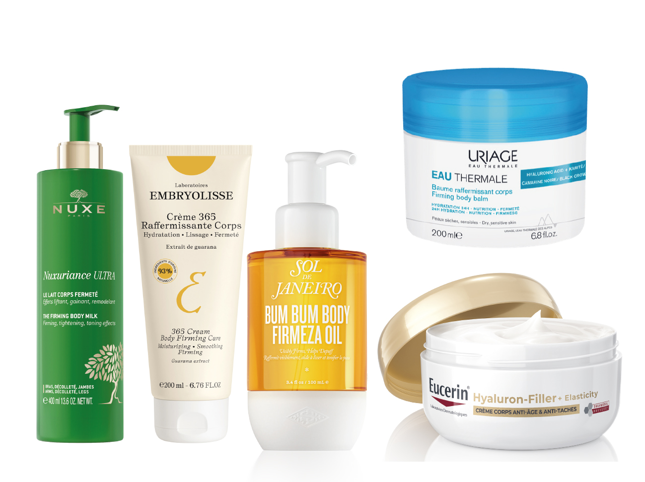 A gauche : Nuxe, Nuxuriance ultra Le Lait Corps Fermeté. Embryolisse Crème 365 raffermissante corps Embryolisse est un soin total d'hydratation, lissage et fermeté. Uriage, baume raffermissant corps est un soin d'exception spécialement conçu pour raffermir, revitaliser et tonifier la peau. Eucerin, HYALURON-FILLER + ELASTICITY Crème Corps Anti-Age & Anti-Taches.