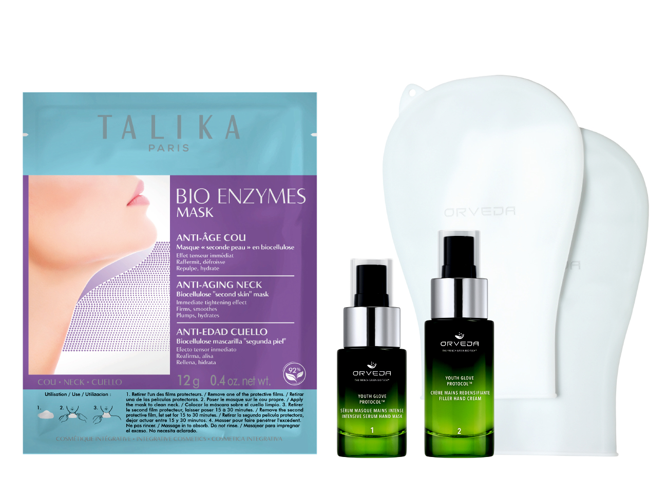 Talika Bio Enzymes Mask Décolleté : Masque en biocellulose anti-âge pour le décolleté. Orveda : Protocole complet à effet de comblement ciblant les signes de vieillissement de la zone dorsale de la main, le soins des mains Orveda Youth Glove.