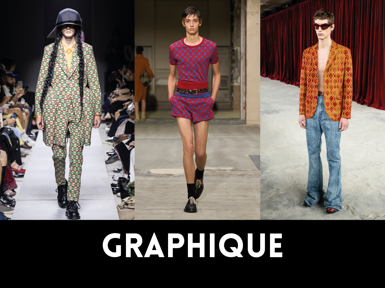 De gauche à droite, Comme des Garçons SS26, Dries Van Noten SS26, Junya Watanabe SS26. 1nstant Show Men SS26