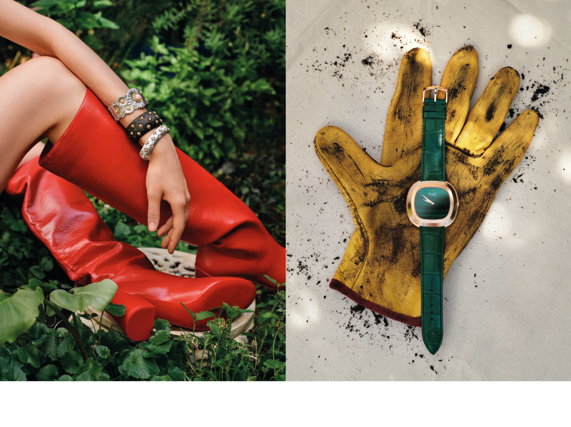 A droite, bottes : LOUBOUTIN. Bracelets BUCCELLATI : Bracelet manchette collection Blossoms Color en argent et vermeil gravés, serti d'opales roses et de diamants bruns, manchette BUCCELLATI collection Macri en or jaune et or noirci gravés, serti de diamants blancs, manchette BUCCELLATI, collection Macri en or blanc et or jaune gravés, serti de diamants blancs. PIAGET, Montre Andy Warhol, 45 x 43 mm. Boîtier en or rose 750/1000. Cadran en malachite avec index en or rose 750/1000. Mouvement mécanique Manufacture 534P à remontage automatique.