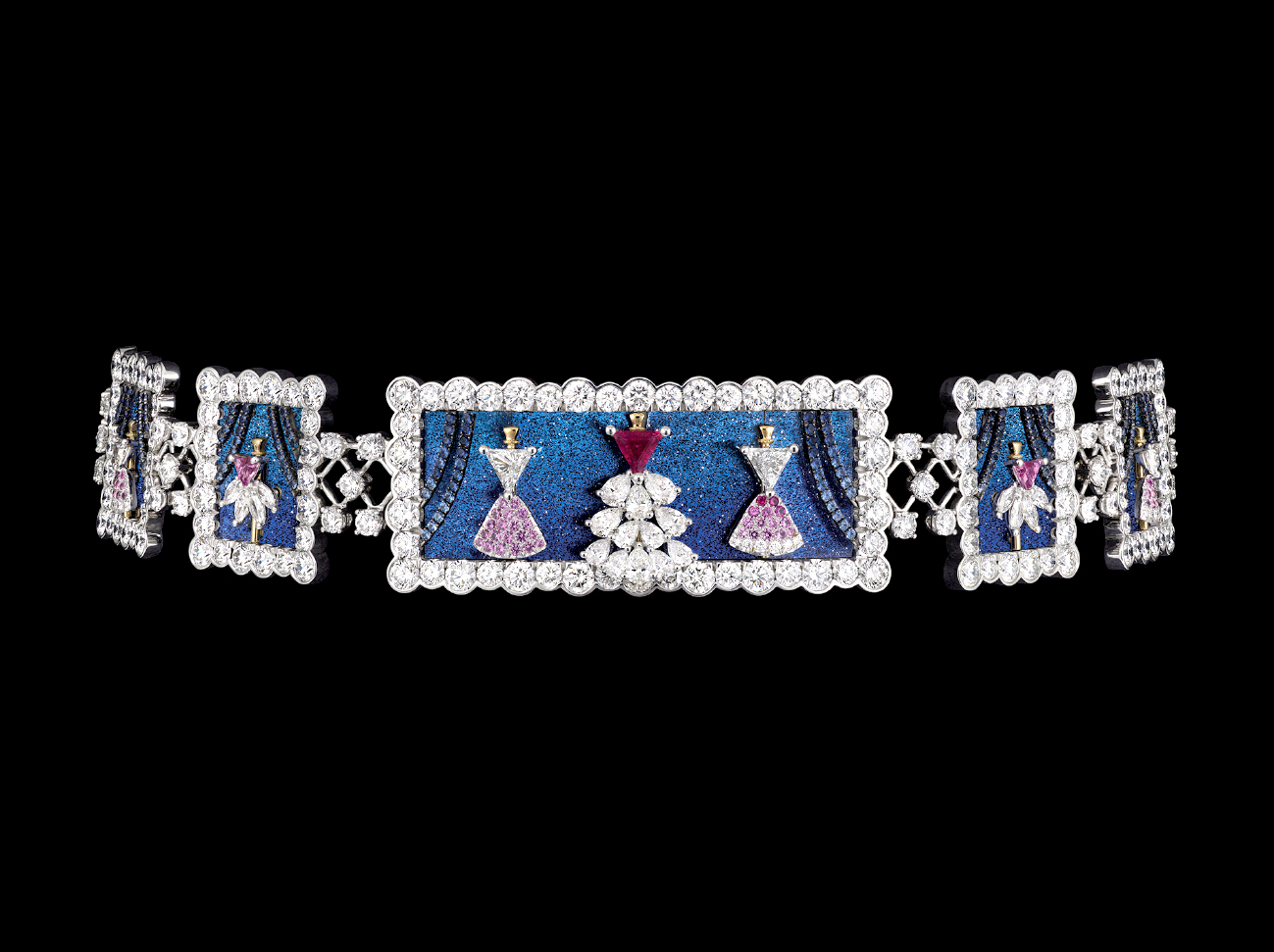 HAUTE JOAILLERIE DIOR. Collection Diorexquis. Collier Christian Dior composition en or blanc et jaune, diamants, doublets de verre aventuriné sur nacre noire de Tahiti, saphirs roses et bleus, ainsi que rubis rouges et roses.