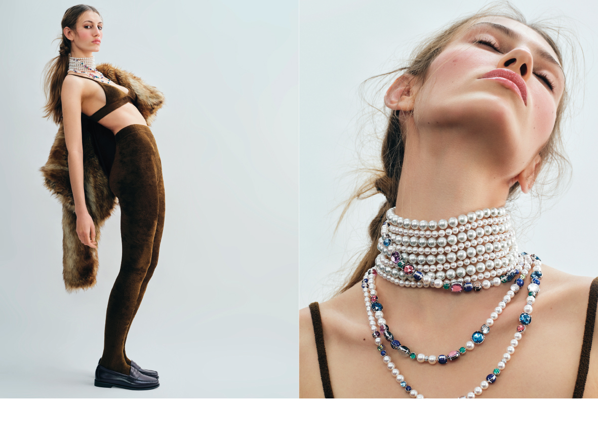 De gauche à droite, Collier Harmonie en or blanc, perles Akoya, diamants, topaze bleue, lapis lazuli, améthyste, grenat, quartz rose, tourmaline rose, émeraudes, pierre de lune, péridot, tanzanite et aigue-marine, Ritz par TASAKI ; brassière, legging Soven, blouson Ambush, mocassin GH Bass. 1nstant Haute Joaillerie.