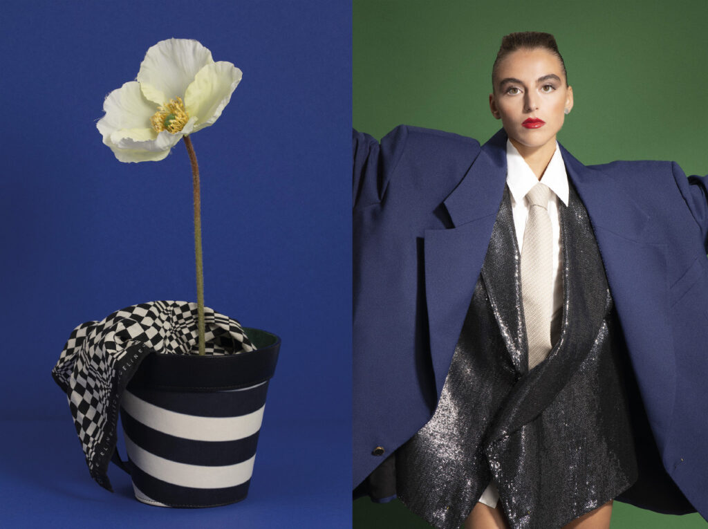 A gauche, Sac Etablissments Pardi en cuir foulard en soie Celine vintage chez Studio Vintage A droite, look Louis Vuitton 1NSTANT EDITORIAL