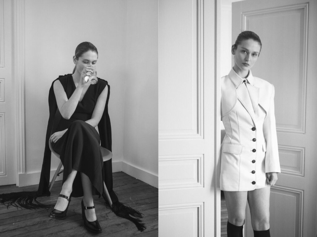 A gauche : Dress from By Malene Birger, shoes from Prada and ring from Fut un Temps. A droite : Dress from Matériel, knee socks from Falke. 1NSTANT EDITORIAL.