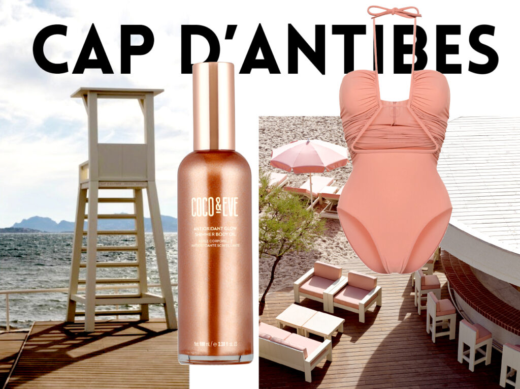 CAP D’ANTIBES. Le Cap d’Antibes Beach Hotel repensé par l’architecte Bernard Dubois.Scintillant. Huile pour le corps antioxydante Glow Shimmer. Une huile soyeuse, hydratante et éclatante. Coco&Eve.100 ml, 35 euros. Couture. Maillot de bain une pièce à découpe. Rick Owens, 387 euros.1NSTANT EVASION