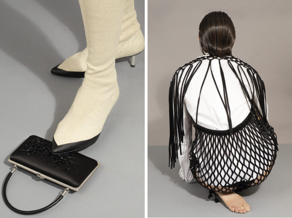 Le sac satin et broderies de PRADA et bottes collant de ZIMMERMAN. En franges pour la robe en cuir PROENZA SCHOULER.