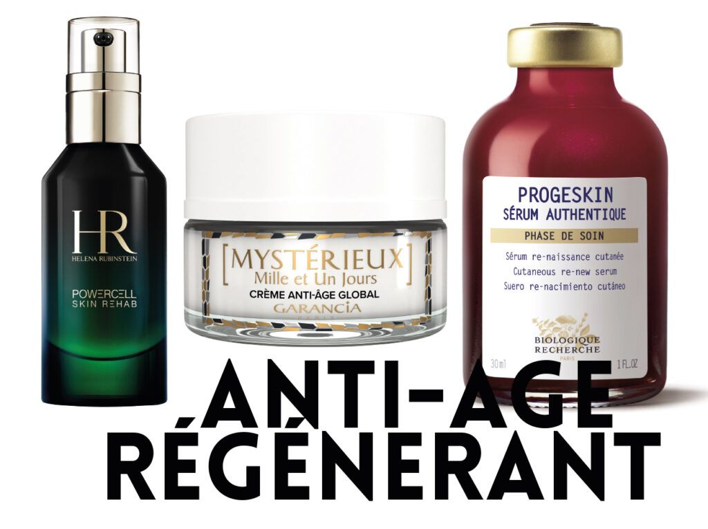 Héléna Rubinstein, Powercell Skin Rehab Sérum de nuit régénérant. Garancia, Mystérieux Mille et Un Jours, crème anti-âge global. Biologique Recherche, Sérum Re-naissance cutanée Progeskin.