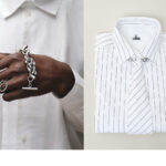 A GAUCHE, CHEMISE : NEWSPEAK.BRACELET EN LAITON PLAQUÉ ARGENT : PANCONESI. A DROITE : CHEMISE BLANCHE À RAYURES : SÉBLINE. COLLIER EN ARGENT : STATEMENT.