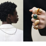 UFO PORTE UNE VESTE BLANCHE : SEWMOD. CLIP D’OREILLE ÉBORIS EN OR : MAZARIN COLLIER VÉNITIEN AVEC FERMOIR ROND EN ARGENT : THOMAS SABO. A DROITE, BAGUE «FIREPLACE» AVEC UNE TOURMALINE VERT ET DES DIAMANTS RONDS : CRIS PORTO. BAGUE COLLECTION KISS EN OR ROSE : VHERNIER. BAGUES COLLECTION VERSO EN OR ROSE : VHERNIER.1NSTANT JOAILLERIE.