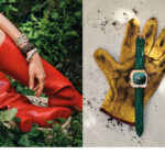 A droite, bottes : LOUBOUTIN. Bracelets BUCCELLATI : Bracelet manchette collection Blossoms Color en argent et vermeil gravés, serti d'opales roses et de diamants bruns, manchette BUCCELLATI collection Macri en or jaune et or noirci gravés, serti de diamants blancs, manchette BUCCELLATI, collection Macri en or blanc et or jaune gravés, serti de diamants blancs. PIAGET, Montre Andy Warhol, 45 x 43 mm. Boîtier en or rose 750/1000. Cadran en malachite avec index en or rose 750/1000. Mouvement mécanique Manufacture 534P à remontage automatique.