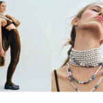 De gauche à droite, Collier Harmonie en or blanc, perles Akoya, diamants, topaze bleue, lapis lazuli, améthyste, grenat, quartz rose, tourmaline rose, émeraudes, pierre de lune, péridot, tanzanite et aigue-marine, Ritz par TASAKI ; brassière, legging Soven, blouson Ambush, mocassin GH Bass. 1nstant Haute Joaillerie.