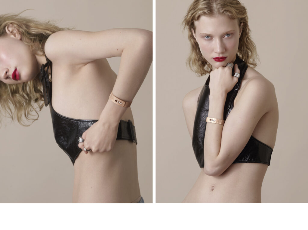 TOP COURREGES,BAGUE CHEVALIERE MESSIKA MOVE EN TITANE NATUREL ET DIAMANT. MESSIKA, BRACELET MOVE NOA GRAVÉ EN OR ROSE.