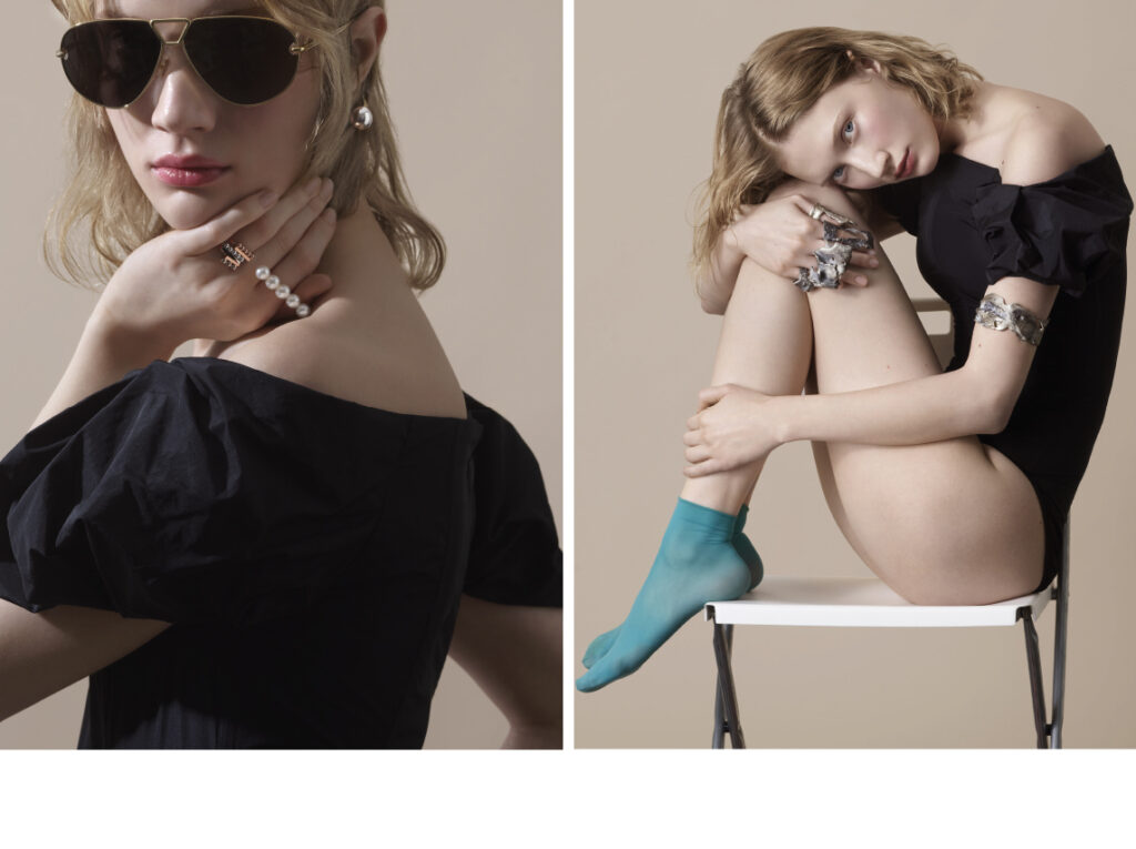 A GAUCHE, BODY VERONIQUE LEROY, BAGUES BODYSUIT: VERONIQUE LEROY, SUNGLASES: BOTTEGA VENETA BAGUES: SIGNATURE BALANCE EN OR JAUNE ET PERLE AKOYA : TASAKI, BAGUE SURGE EN OR SAKURA ET PERLES AKOYA : TASAKI. A DROITE BODYSUIT: VERONIQUE LEROY  BAGUES, BRACELET EN MÉTAL TUMULU.