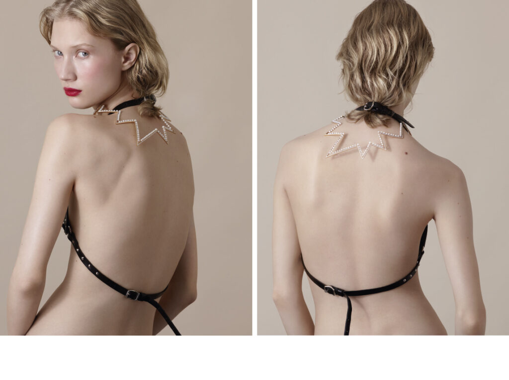 MINI SOUTIEN GORGE EN CUIR CLOUTÉ: ZANA BAYNE. COLLIER MASTER STAR NECKLACE YELLOW GIRL EN PIERRES ET DIAMANTS.