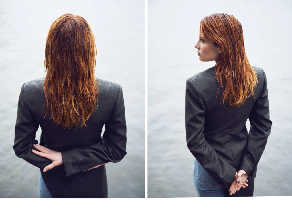 Robe asymétrique Andréa Bogosian, jeans Rouje. Claire Romain : L’instinct de liberté. Interview 1nstant